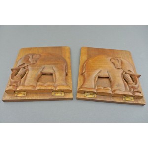 Vintage Pair of Carved Elephant Bookends, hardwood with brass fittings.   232850669021